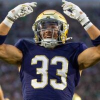 Sep 20, 2025; South Bend, Indiana, USA; A Notre Dame Fighting Irish wide receiver Matt Jeffery (33) tries to get the crowd excited against the Purdue Boilermakers during the second half at Notre Dame Stadium.