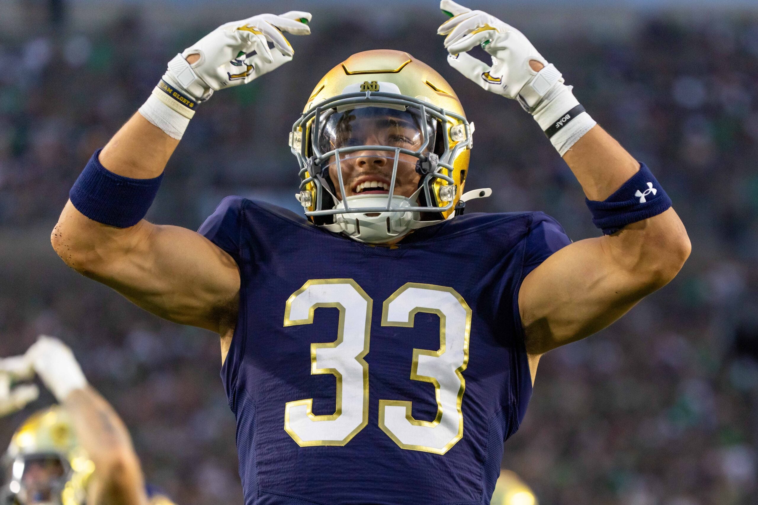 Sep 20, 2025; South Bend, Indiana, USA; A Notre Dame Fighting Irish wide receiver Matt Jeffery (33) tries to get the crowd excited against the Purdue Boilermakers during the second half at Notre Dame Stadium.