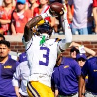 LSU wide receiver Chris Hilton Jr. (3) catches the ball during a college football game between Ole Miss and LSU at Vaught-Hemingway Stadium in Oxford, Miss., on Saturday, Sept. 27, 2025. Ole Miss defeated LSU 24-19.