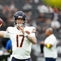 Sep 28, 2025; Paradise, Nevada, USA; Chicago Bears quarterback Tyson Bagent (17) warms up prior to the game against the Las Vegas Raiders at Allegiant Stadium.