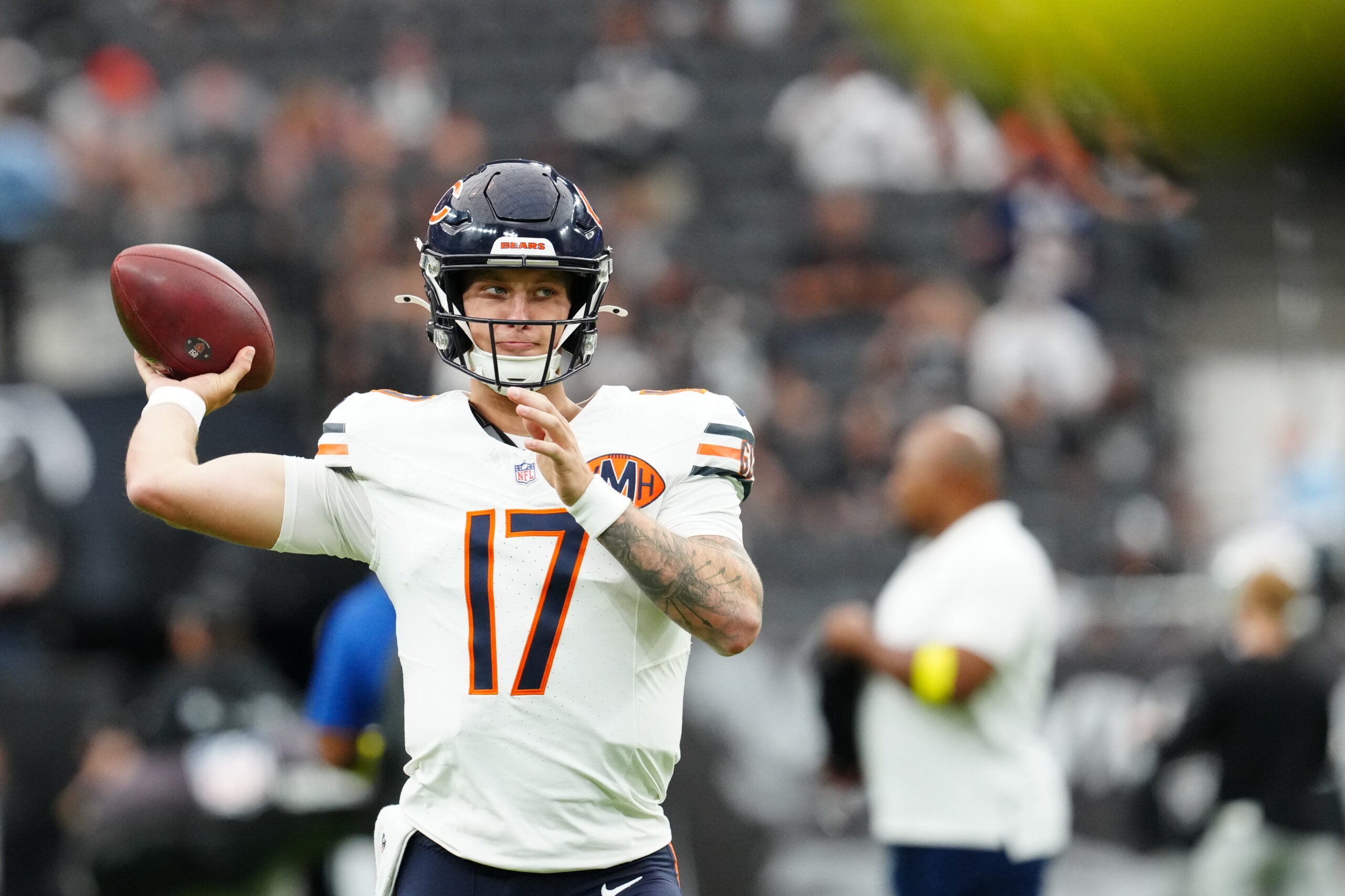 Sep 28, 2025; Paradise, Nevada, USA; Chicago Bears quarterback Tyson Bagent (17) warms up prior to the game against the Las Vegas Raiders at Allegiant Stadium.