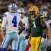 Sep 28, 2025; Arlington, Texas, USA; Green Bay Packers defensive end Micah Parsons (1) stares at Dallas Cowboys quarterback Dak Prescott (4) during the game between the Dallas Cowboys and the Green Bay Packers at AT&T Stadium.