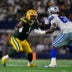 Sep 28, 2025; Arlington, Texas, USA; Dallas Cowboys offensive tackle Tyler Guyton (60) drops back to block the rush of Green Bay Packers defensive end Micah Parsons (1) during the game between the Dallas Cowboys and the Green Bay Packers at AT&T Stadium.