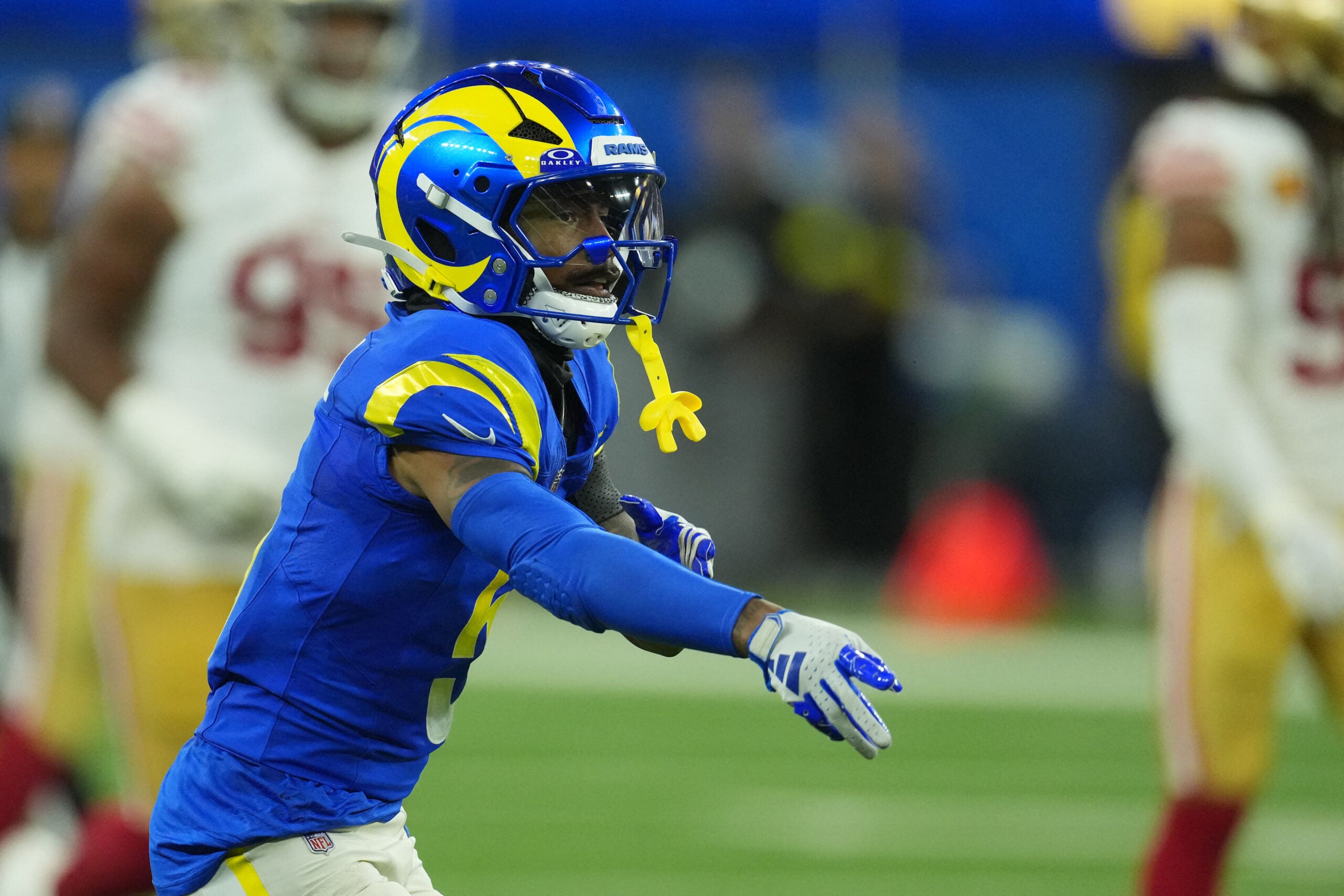 Oct 2, 2025; Inglewood, California, USA; Los Angeles Rams wide receiver Tutu Atwell (5) reacts against the San Francisco 49ers during the second half at SoFi Stadium.