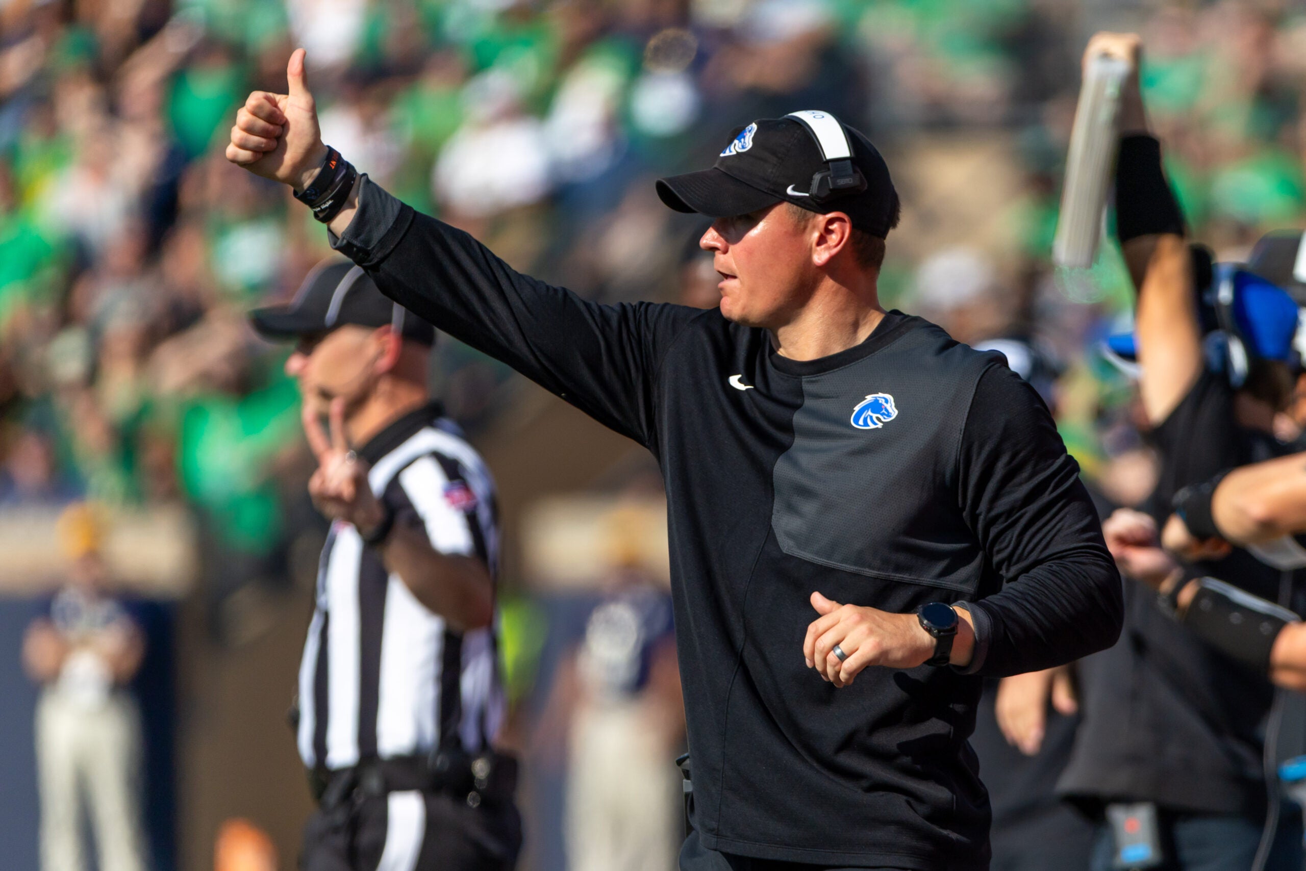 Oct 4, 2025; South Bend, Indiana, USA; Boise State Broncos head coach Spencer Danielson gives a thumbs up against the Notre Dame Fighting Irish during the first half at Notre Dame Stadium.