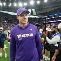Oct 5, 2025; Tottenham, United Kingdom; Minnesota Vikings head coach Kevin O'Connell walks on the field after their win against the Cleveland Browns in an NFL International Series game at Tottenham Hotspur Stadium.