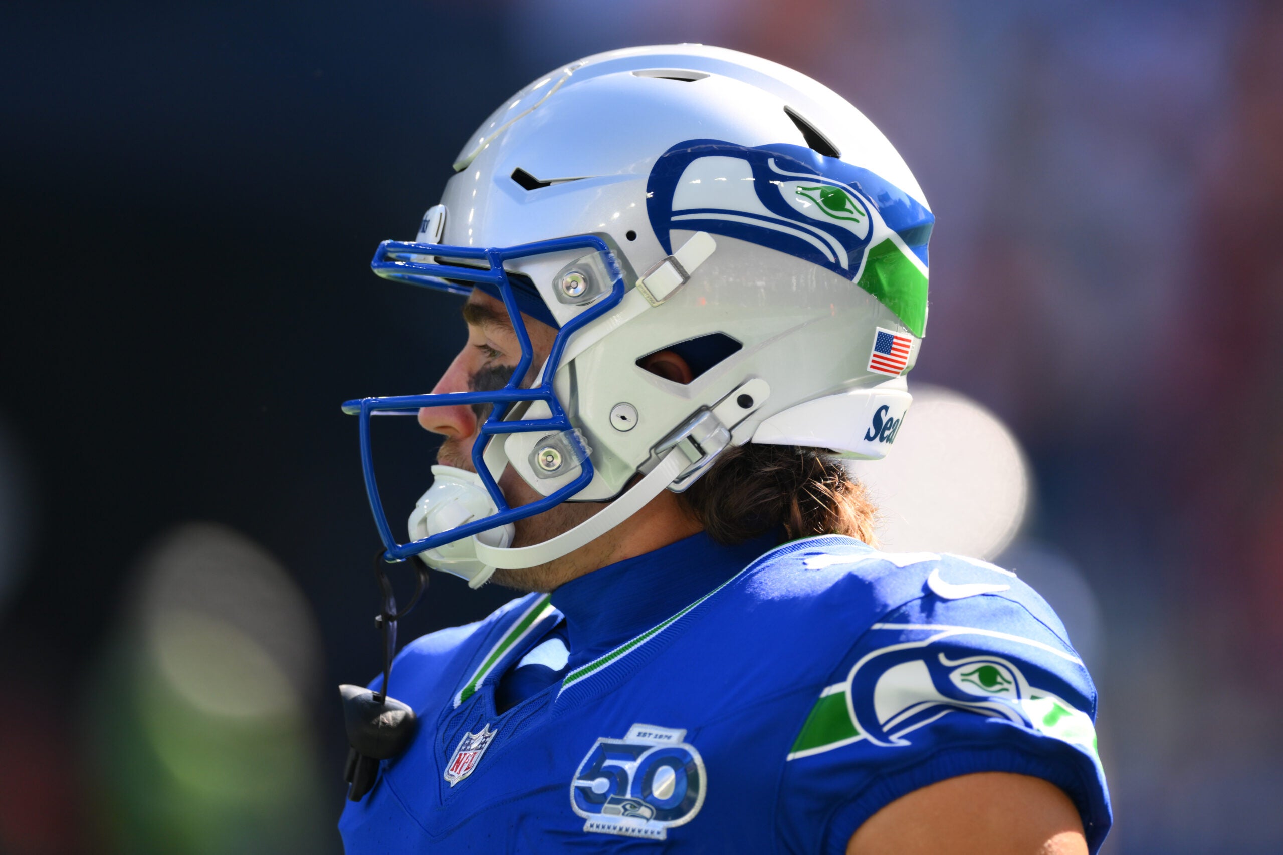 Oct 5, 2025; Seattle, Washington, USA; Seattle wide receiver Jake Bobo (19) wearing the Seahawks throw back helmet prior to a game against the Tampa Bay Buccaneers at Lumen Field.