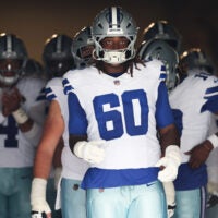 Oct 12, 2025; Charlotte, North Carolina, USA; Dallas Cowboys offensive tackle Tyler Guyton (60) prepares to enter the field prior to the game against the Carolina Panthers at Bank of America Stadium.