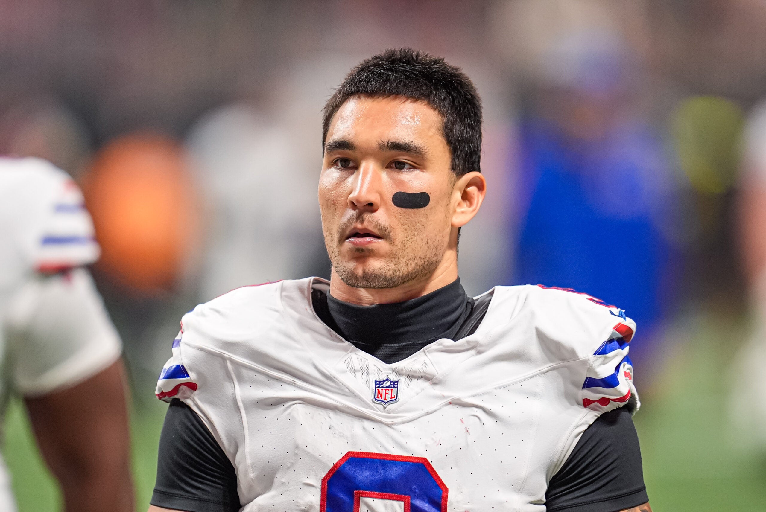 Oct 13, 2025; Atlanta, Georgia, USA; Buffalo Bills safety Taylor Rapp (9) on the field against the Atlanta Falcons at Mercedes-Benz Stadium.