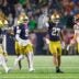Notre Dame linebacker Kyngstonn Viliamu-Asa (27) celebrates after getting a stop on fourth down in the second half of a NCAA football game against Southern California at Notre Dame Stadium on Saturday, Oct. 18, 2025, in South Bend.
