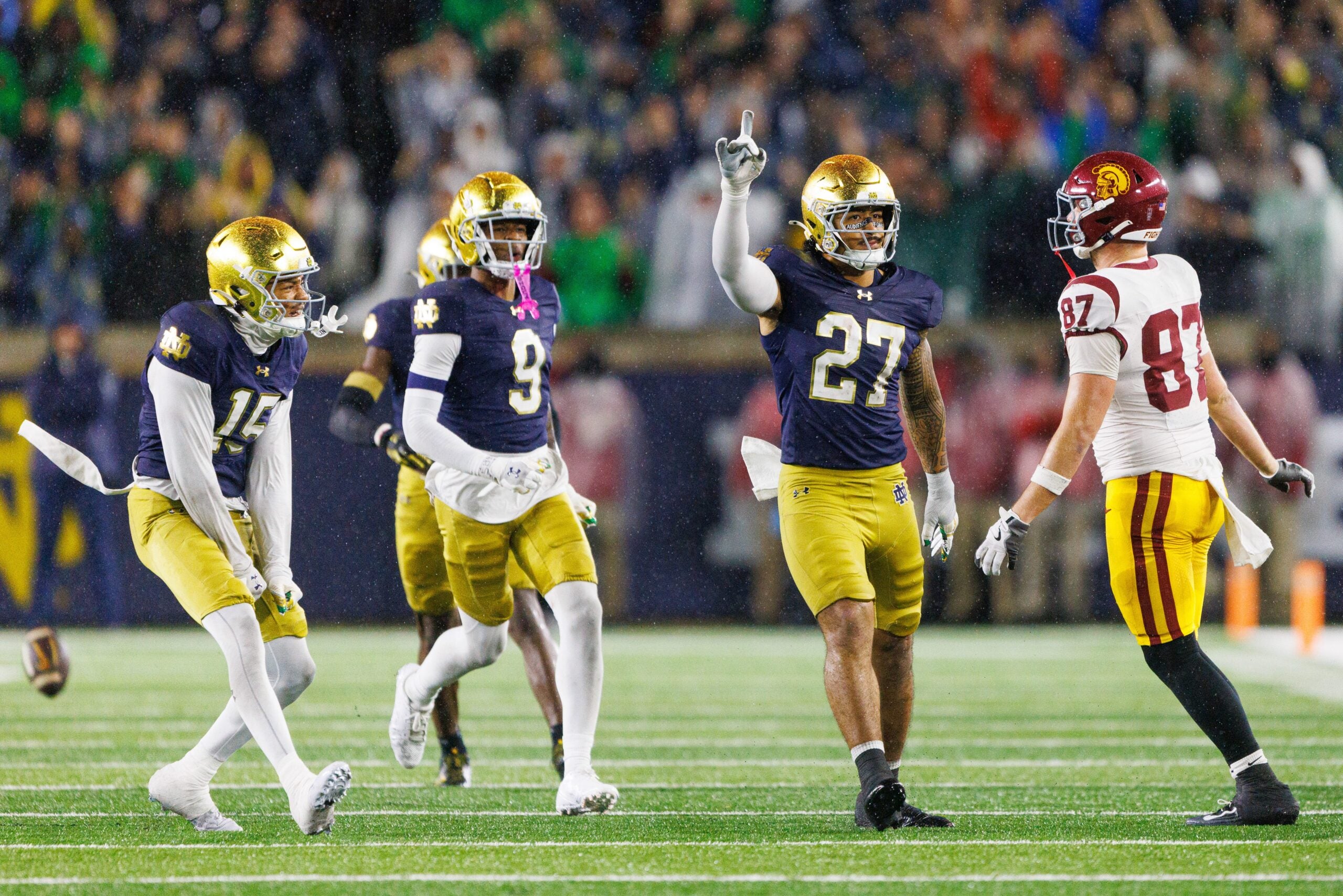 Notre Dame linebacker Kyngstonn Viliamu-Asa (27) celebrates after getting a stop on fourth down in the second half of a NCAA football game against Southern California at Notre Dame Stadium on Saturday, Oct. 18, 2025, in South Bend.
