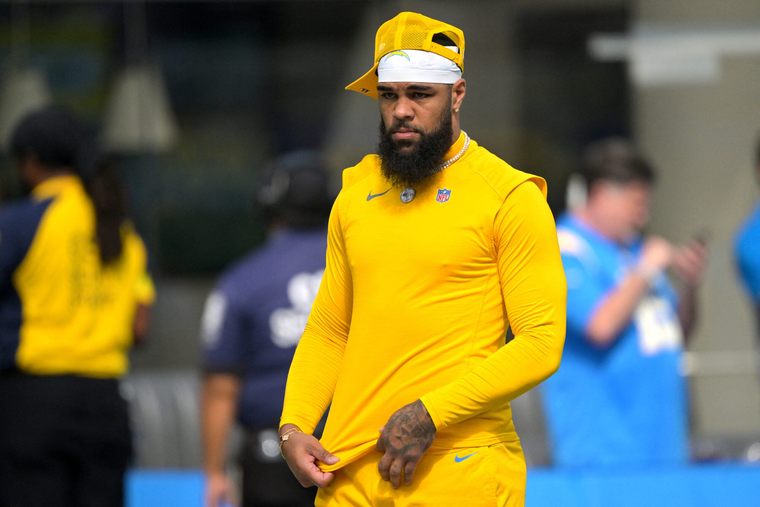 Oct 19, 2025; Inglewood, California, USA; Los Angeles Chargers wide receiver Keenan Allen (13) warms up prior to the game against the Indianapolis Colts at SoFi Stadium.