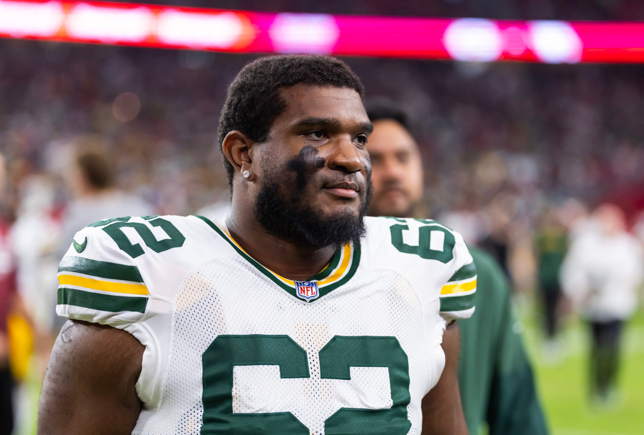 Oct 19, 2025; Glendale, Arizona, USA; Green Bay Packers center Jacob Monk (62) against the Arizona Cardinals at State Farm Stadium.