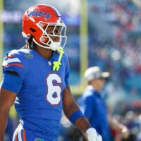Nov 1, 2025; Jacksonville, Florida, USA; Florida Gators wide receiver Dallas Wilson (6) looks on in the first half against the Georgia Bulldogs at EverBank Stadium.