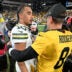 Oct 26, 2025; Pittsburgh, Pennsylvania, USA; Pittsburgh Steelers quarterback Aaron Rodgers (8) greets Green Bay Packers quarterback Jordan Love (10) following their game at Acrisure Stadium.