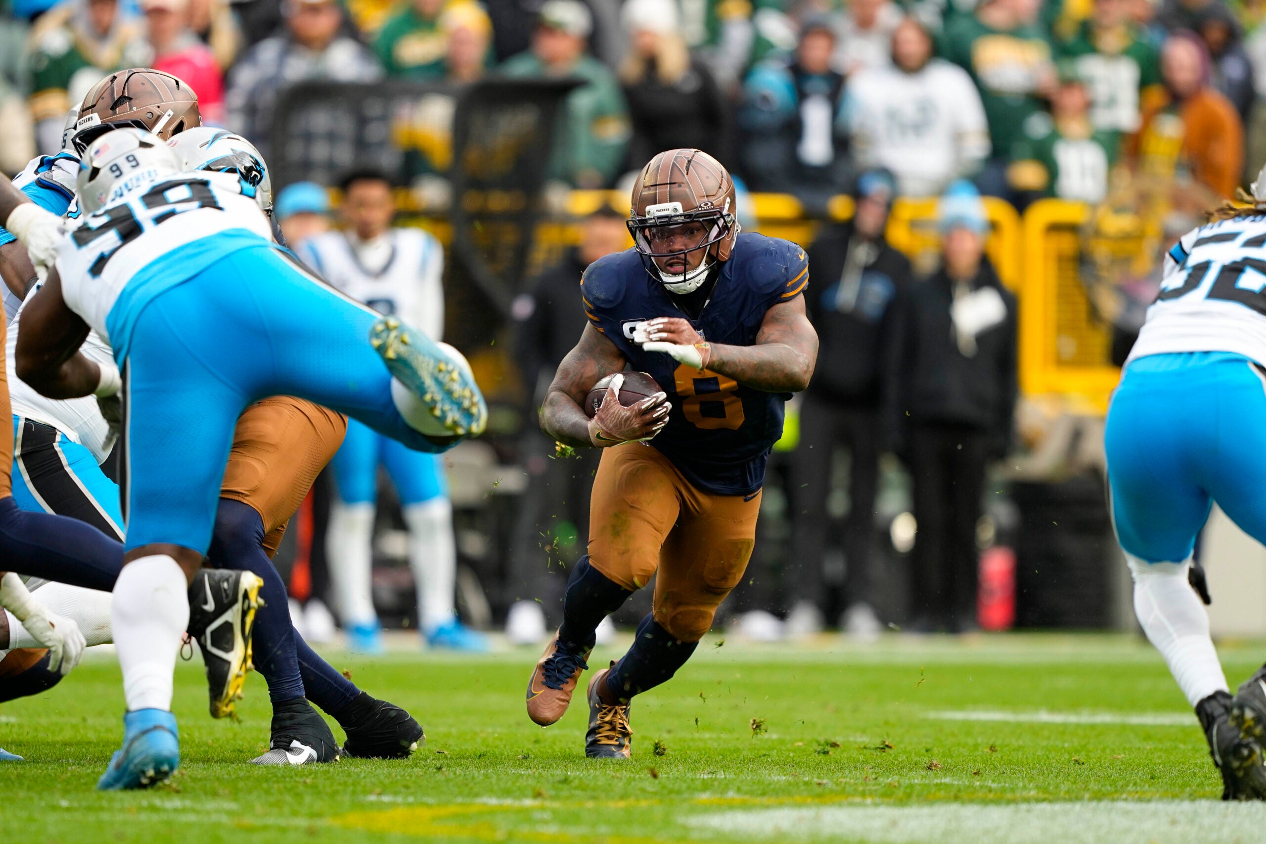 Nov 2, 2025; Green Bay, Wisconsin, USA; Green Bay Packers running back Josh Jacobs (8) during the game against the Carolina Panthers at Lambeau Field.