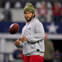 Nov 3, 2025; Arlington, Texas, USA; Arizona Cardinals quarterback Kyler Murray (1) looks on from the field before the game between the Dallas Cowboys and the Arizona Cardinals at AT&T Stadium.