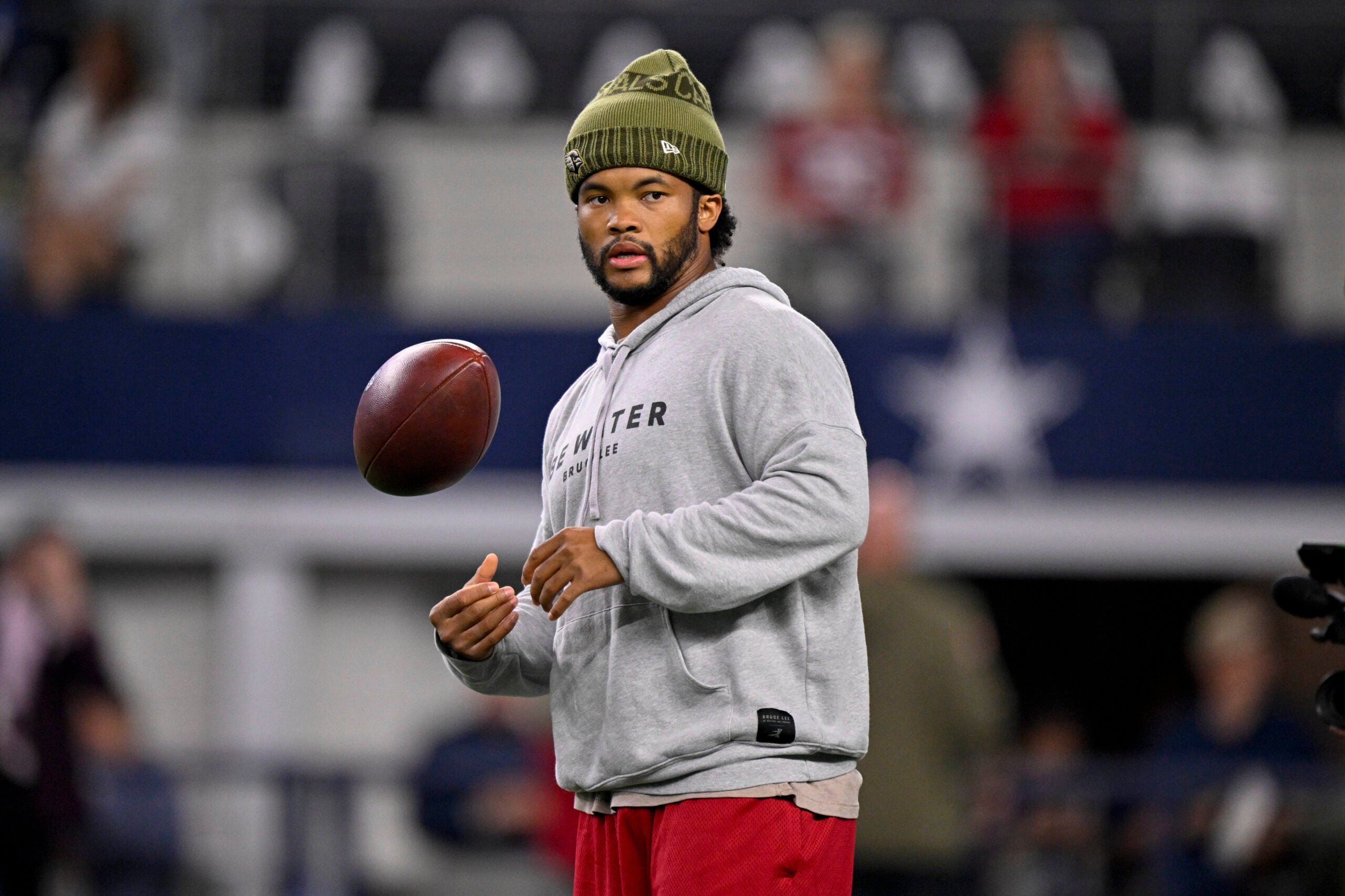 Nov 3, 2025; Arlington, Texas, USA; Arizona Cardinals quarterback Kyler Murray (1) looks on from the field before the game between the Dallas Cowboys and the Arizona Cardinals at AT&T Stadium.