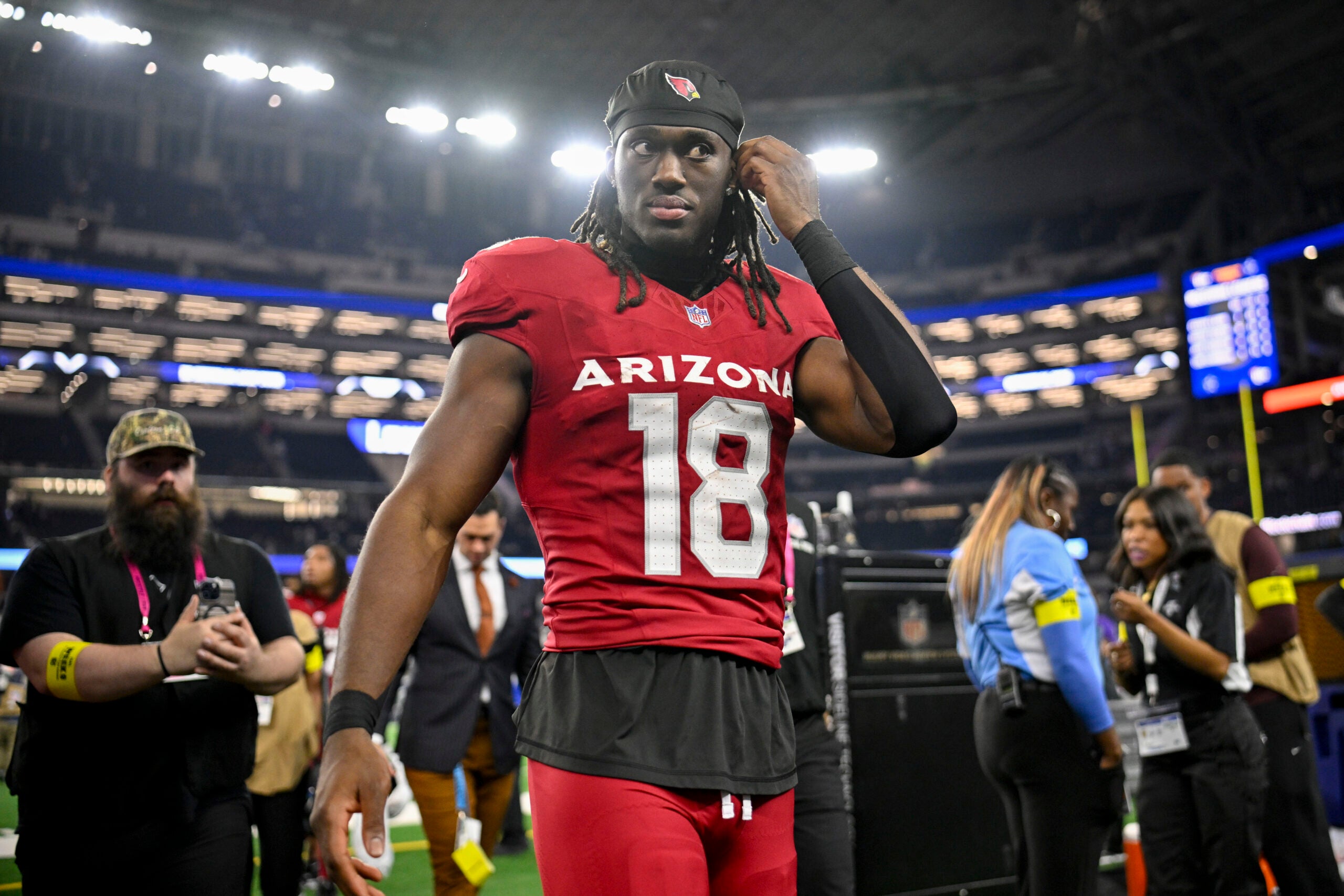 Nov 3, 2025; Arlington, Texas, USA; Arizona Cardinals wide receiver Marvin Harrison Jr. (18) walks off the field after the game between the Dallas Cowboys and the Arizona Cardinals at AT&T Stadium.