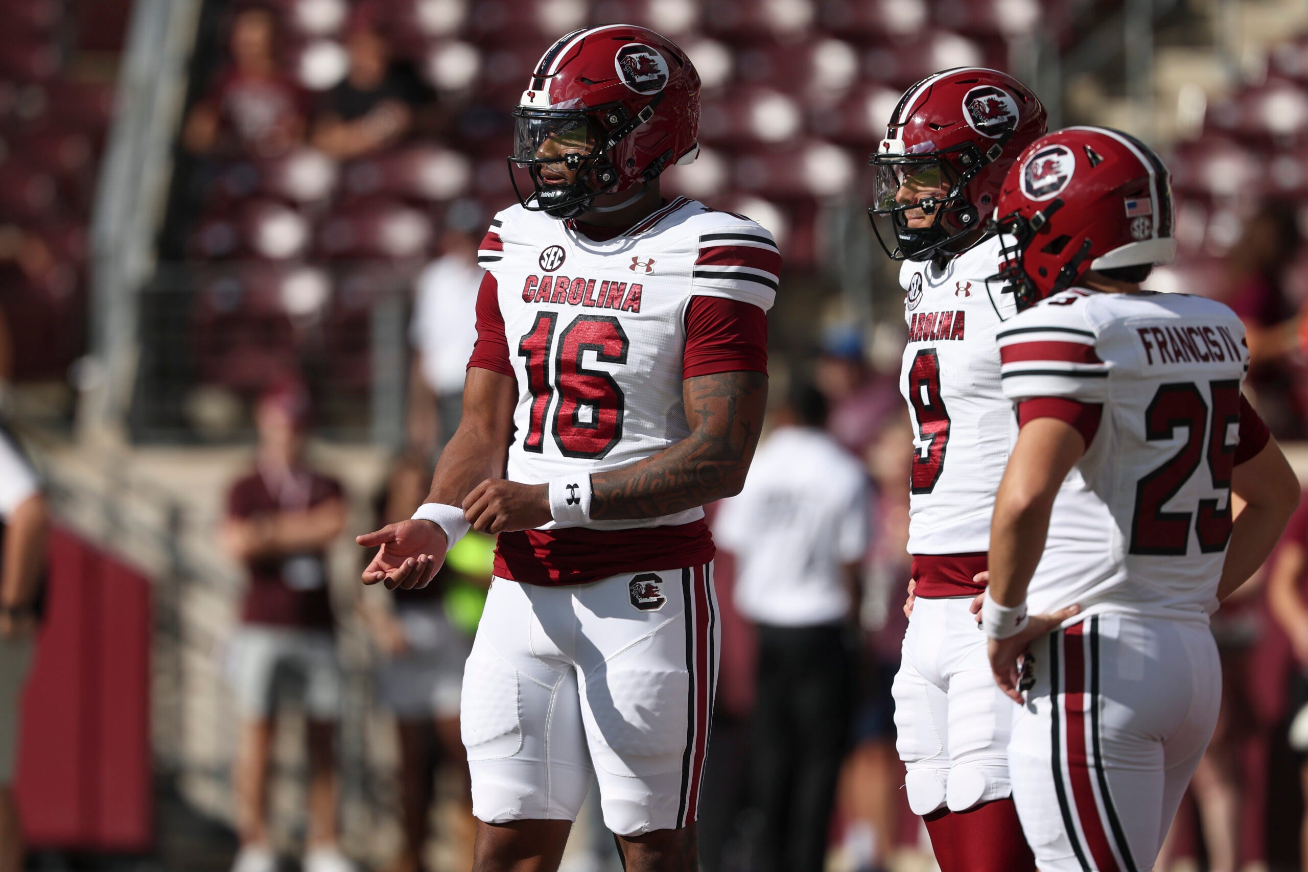 Nov 15, 2025; College Station, Texas, USA; South Carolina Gamecocks quarterback Lanorris Sellers (16) warms up before the game against Texas A&M at Kyle Field.