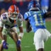 Nov 15, 2025; Oxford, Mississippi, USA; Florida Gators defensive back Devin Moore (28) defends in coverage Mississippi Rebels wide receiver Deuce Alexander (11) during the third quarter at Vaught-Hemingway Stadium.