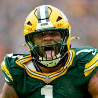 Nov 23, 2025; Green Bay, Wisconsin, USA; Green Bay Packers defensive end Micah Parsons (1) celebrates after sacking Minnesota Vikings quarterback J.J. McCarthy (9) (not pictured) during the game at Lambeau Field.