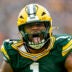 Nov 23, 2025; Green Bay, Wisconsin, USA; Green Bay Packers defensive end Micah Parsons (1) celebrates after sacking Minnesota Vikings quarterback J.J. McCarthy (9) (not pictured) during the game at Lambeau Field.