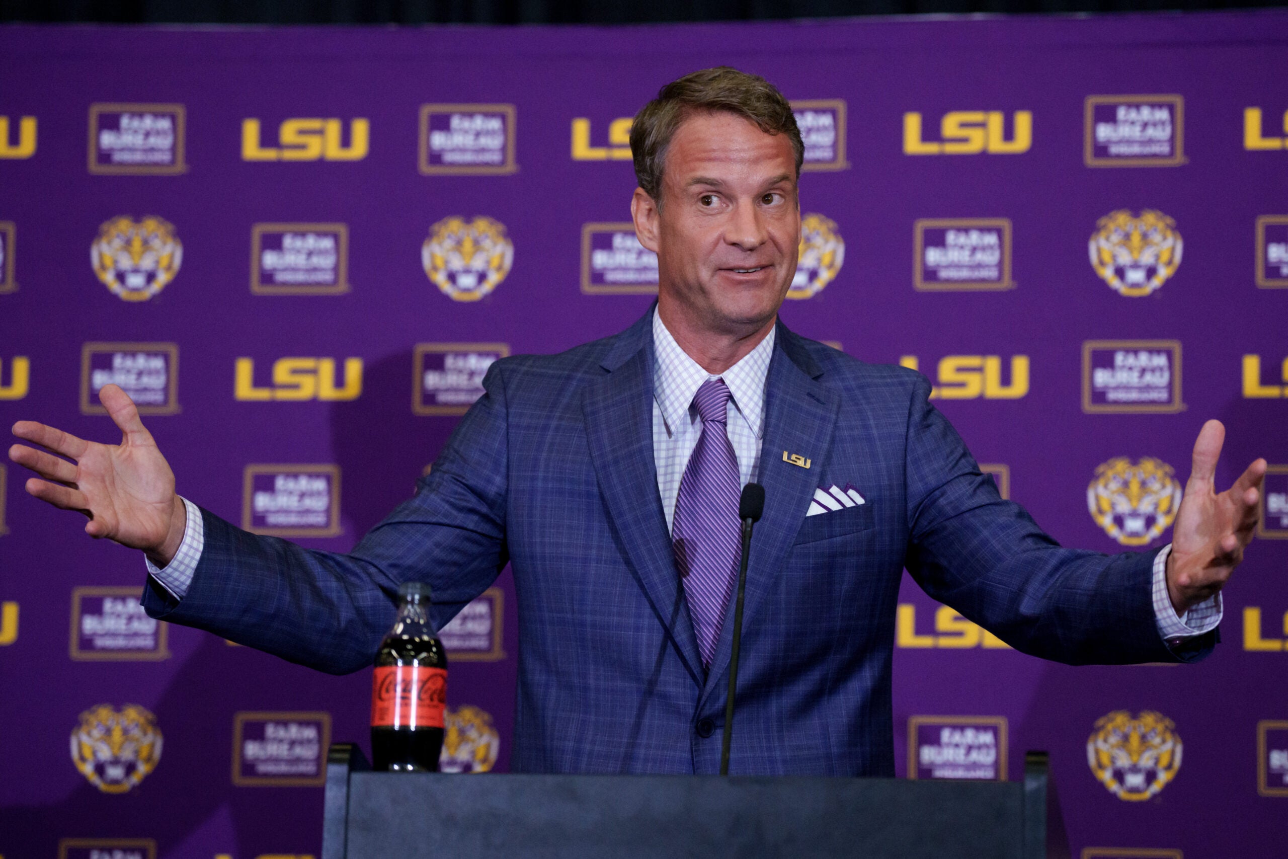 Dec 1, 2025; Baton Rouge, LA, USA; LSU new head coach Lane Kiffin speaks at South Stadium Club at Tiger Stadium.