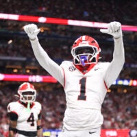 Dec 6, 2025; Atlanta, GA, USA; Georgia Bulldogs defensive back Ellis Robinson IV (1) celebrates after an incomplete pass in the end zone during the fourth quarter against the Alabama Crimson Tide during the 2025 SEC Championship game at Mercedes-Benz Stadium.