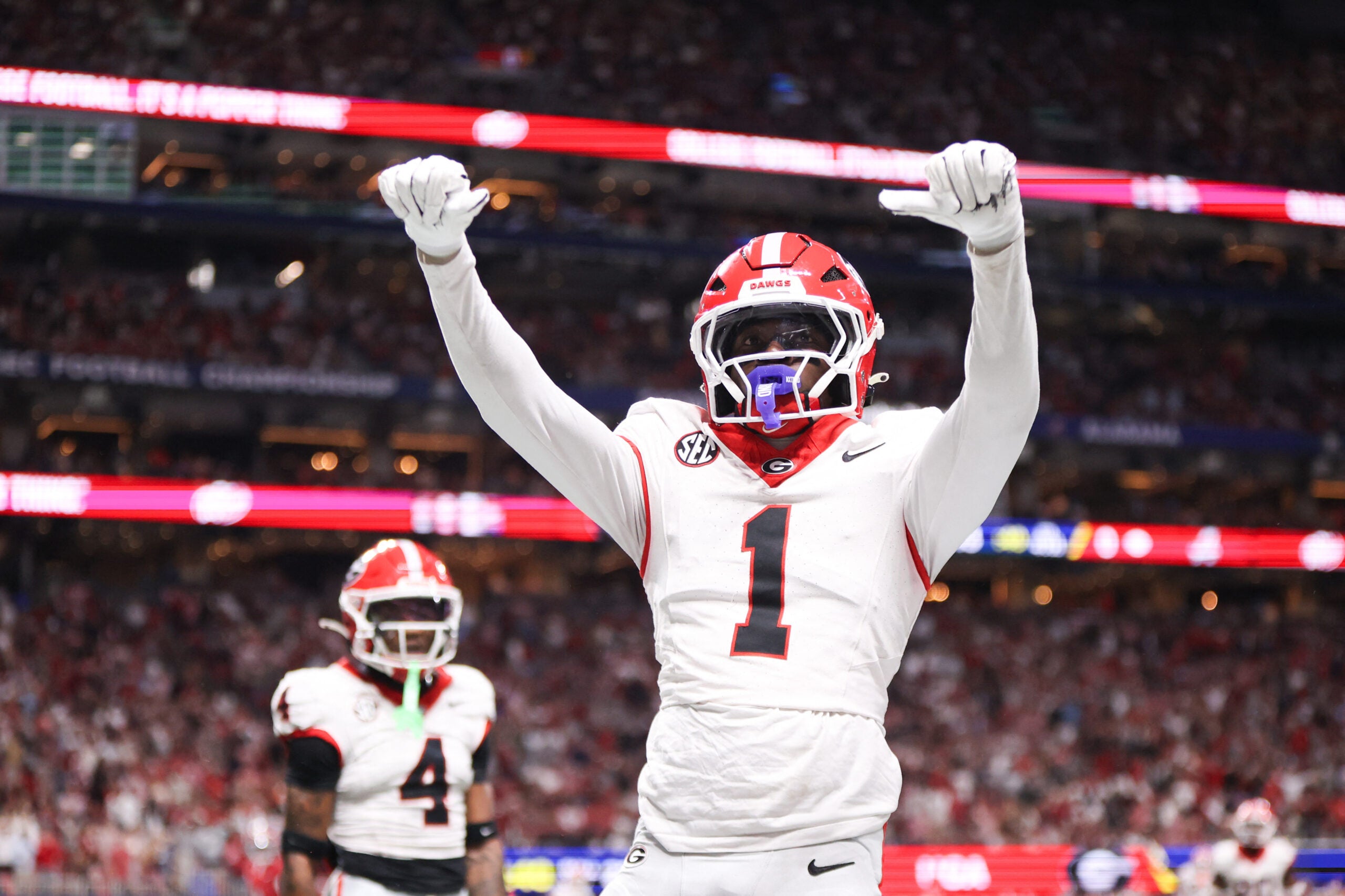 Dec 6, 2025; Atlanta, GA, USA; Georgia Bulldogs defensive back Ellis Robinson IV (1) celebrates after an incomplete pass in the end zone during the fourth quarter against the Alabama Crimson Tide during the 2025 SEC Championship game at Mercedes-Benz Stadium.