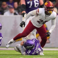 Dec 7, 2025; Minneapolis, Minnesota, USA; Washington Commanders outside linebacker Von Miller (24) sacks Minnesota Vikings quarterback J.J. McCarthy (9) during the first half at U.S. Bank Stadium.