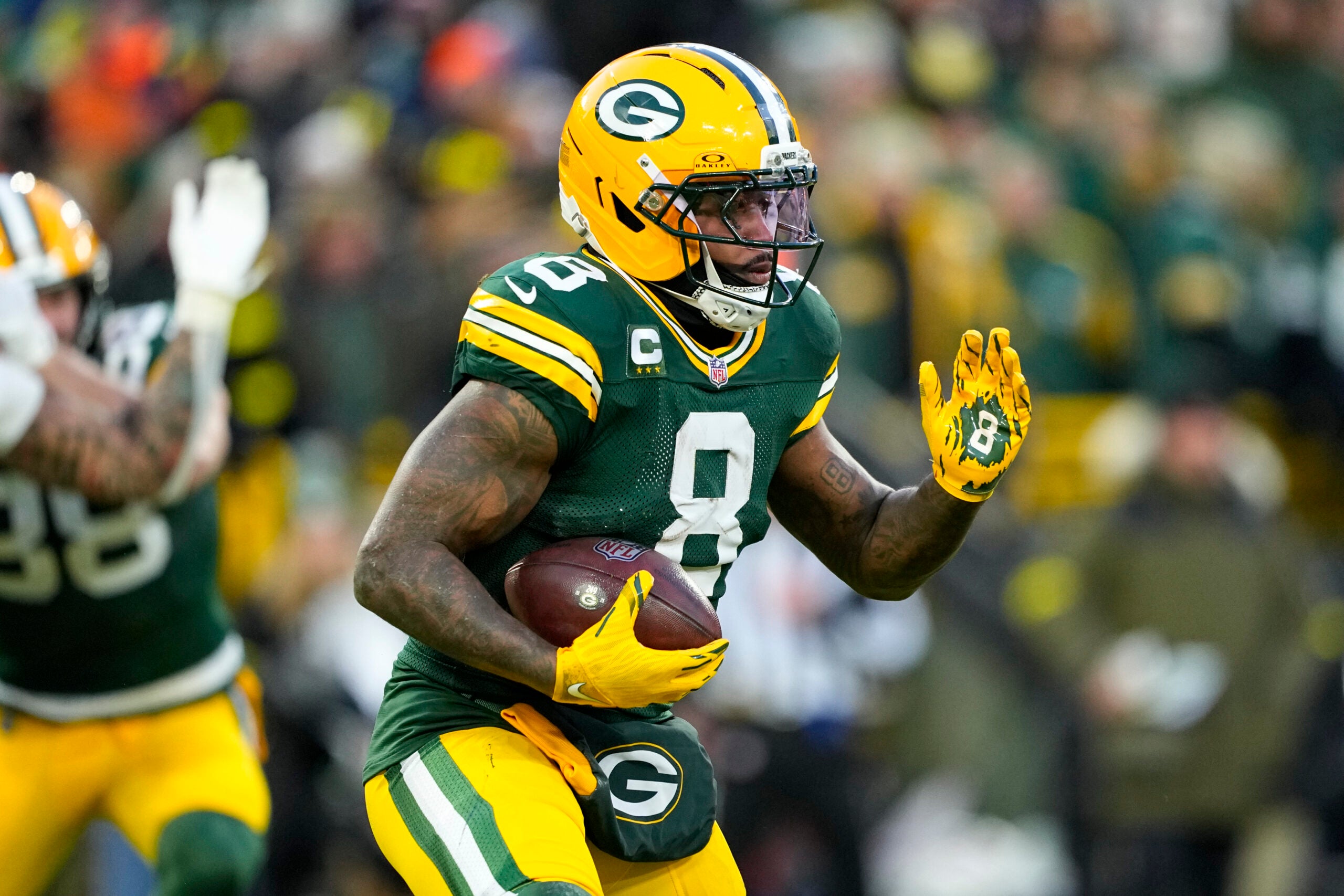 Dec 7, 2025; Green Bay, Wisconsin, USA; Green Bay Packers running back Josh Jacobs (8) during the game against the Chicago Bears at Lambeau Field.