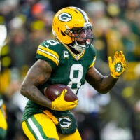 Dec 7, 2025; Green Bay, Wisconsin, USA; Green Bay Packers running back Josh Jacobs (8) during the game against the Chicago Bears at Lambeau Field.