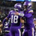 Dec 14, 2025; Arlington, Texas, USA; Minnesota Vikings wide receiver Justin Jefferson (18) celebrates with quarterback J.J. McCarthy (9) after a Vikings touchdown during the second half against the Dallas Cowboys at AT&T Stadium.