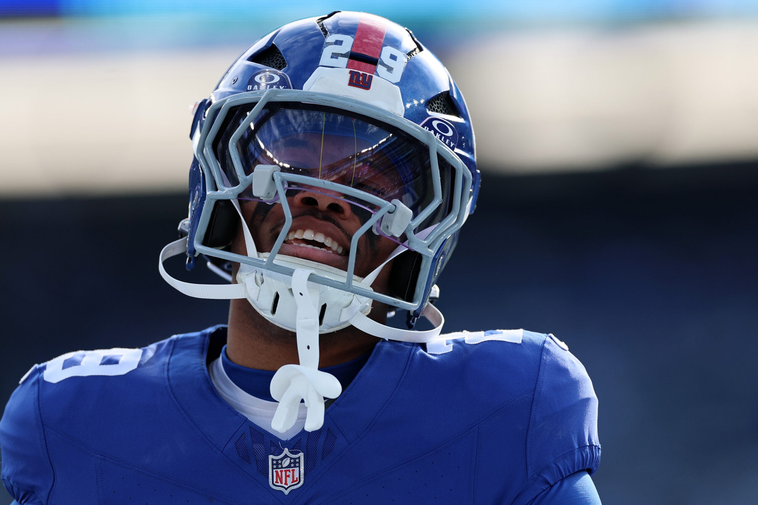 Dec 21, 2025; East Rutherford, New Jersey, USA; New York Giants running back Tyrone Tracy Jr. (29) practices before the game at MetLife Stadium.