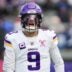 Minnesota Vikings quarterback J.J. McCarthy (9) reacts during a game against the New York Giants at MetLife Stadium, Dec 21, 2025, East Rutherford, NJ, USA