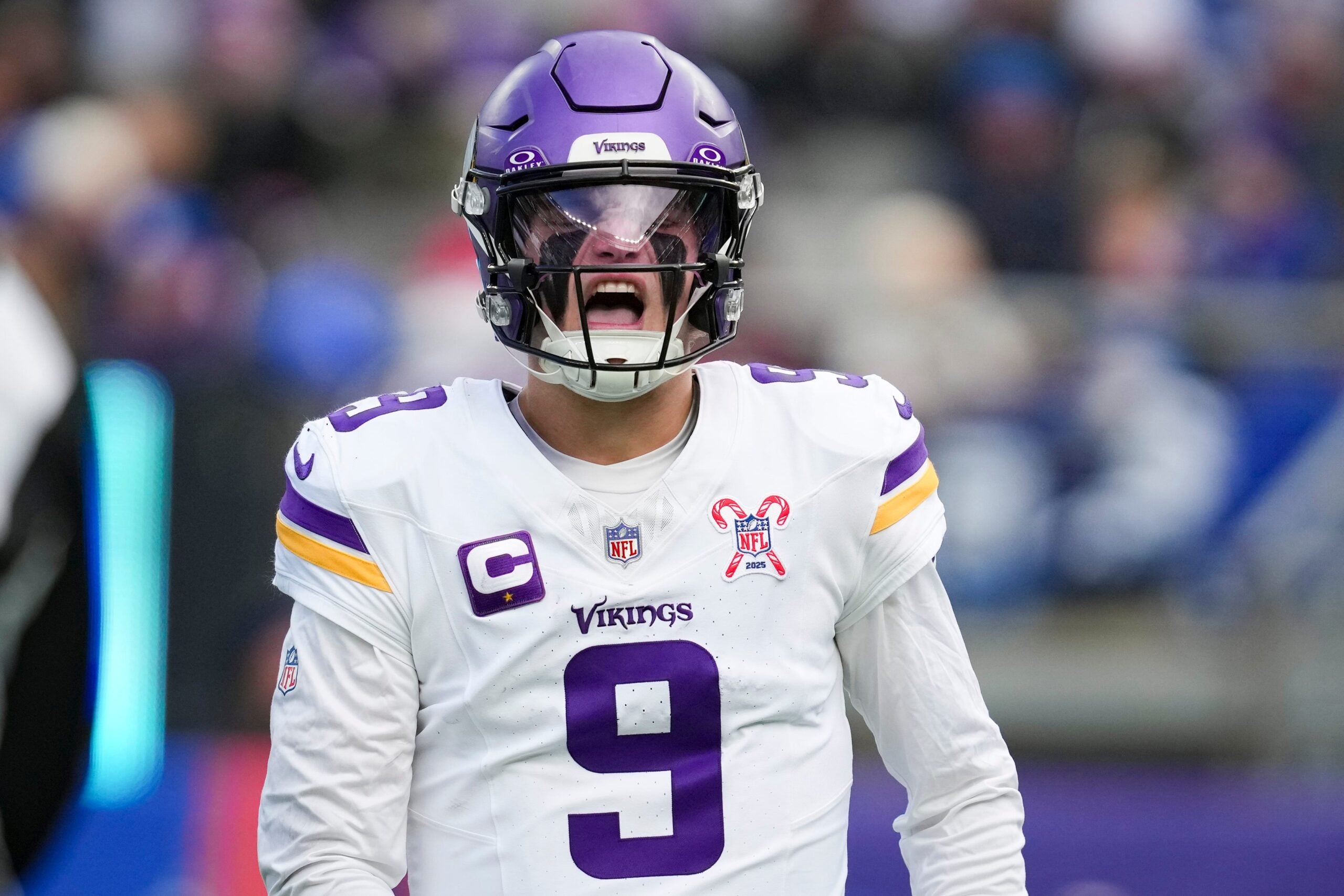Minnesota Vikings quarterback J.J. McCarthy (9) reacts during a game against the New York Giants at MetLife Stadium, Dec 21, 2025, East Rutherford, NJ, USA