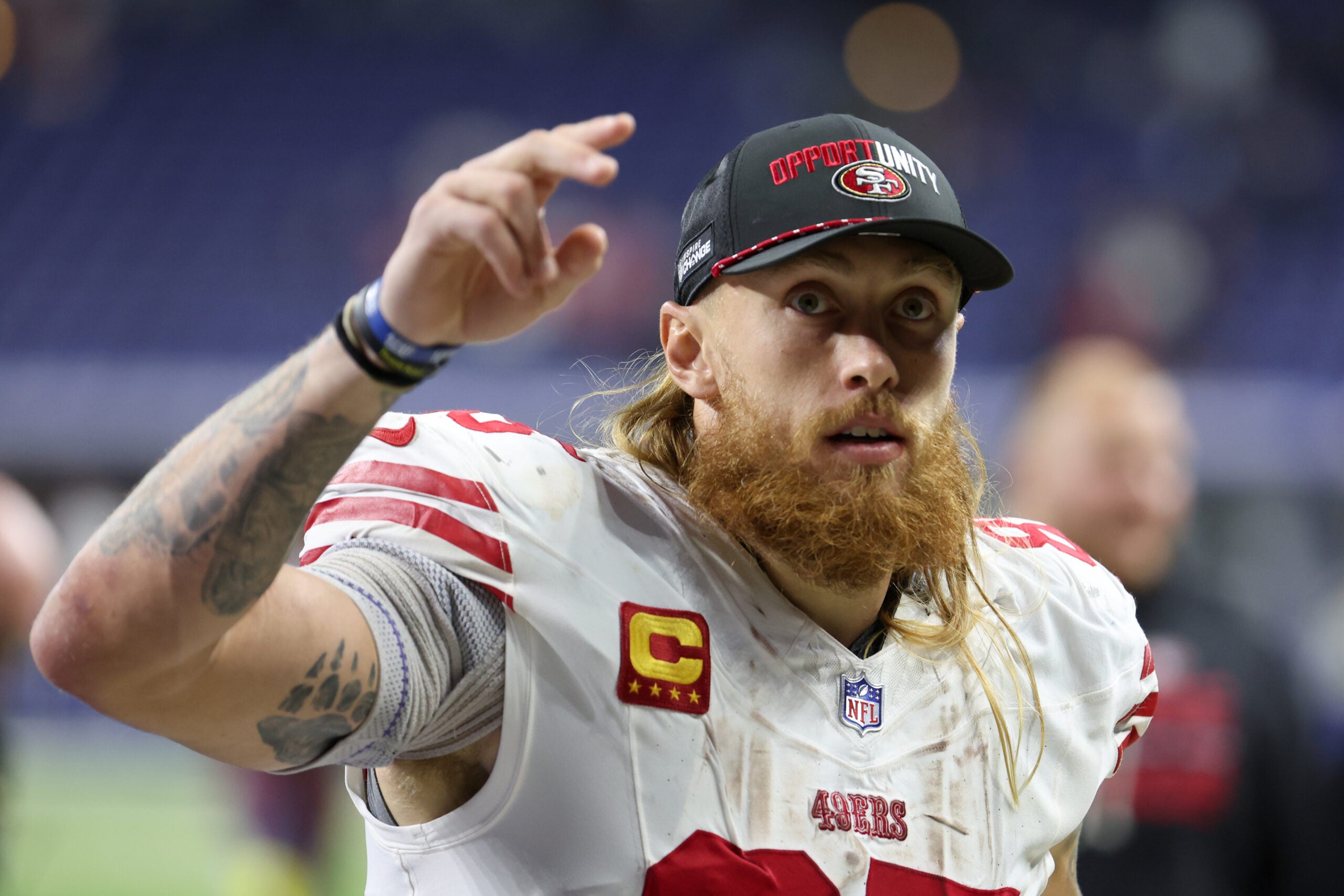 Dec 22, 2025; Indianapolis, Indiana, USA; San Francisco 49ers tight end George Kittle (85) leaves the field after the game against the Indianapolis Colts at Lucas Oil Stadium.
