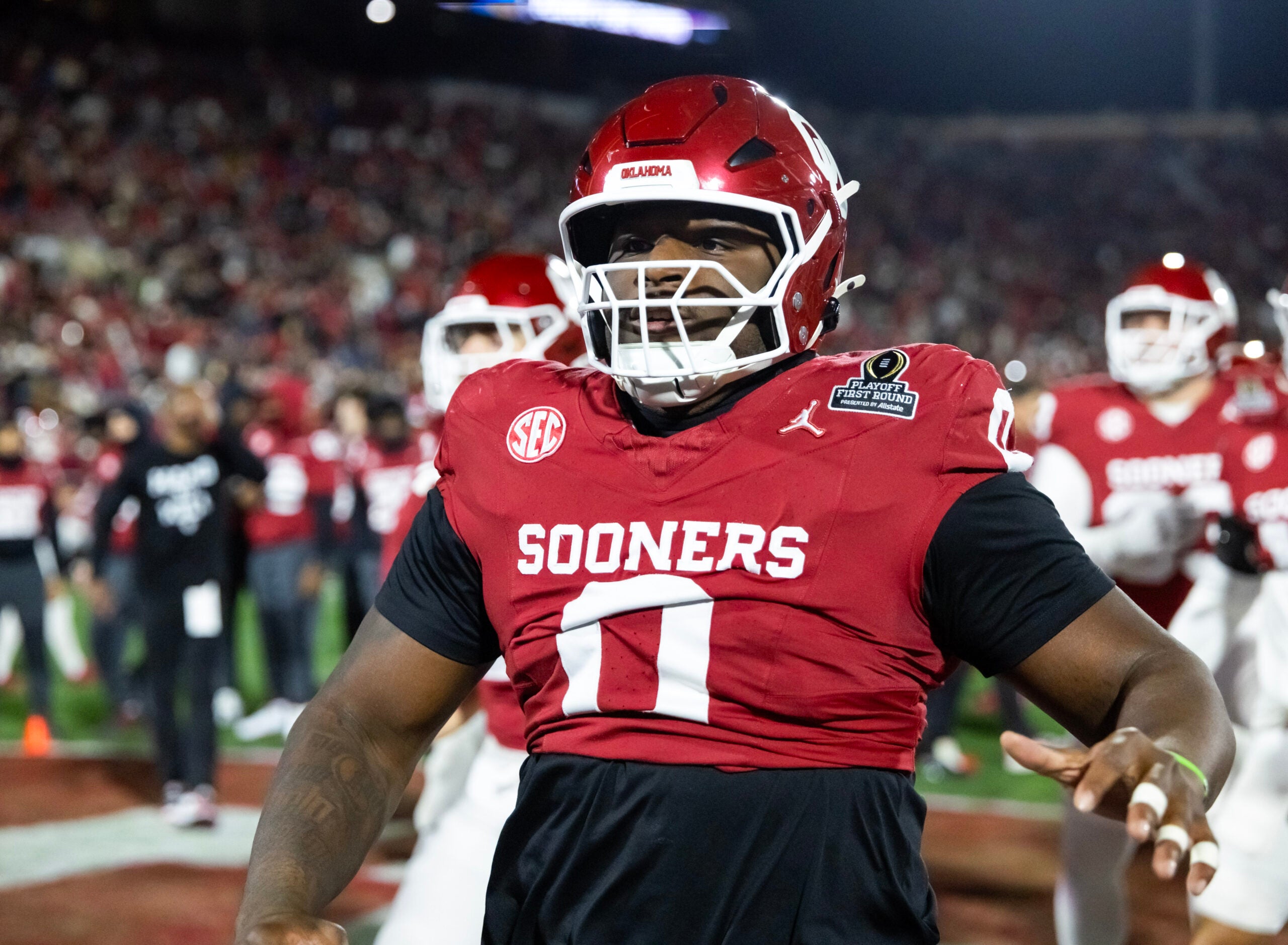 Dec 19, 2025; Norman, OK, USA; Oklahoma Sooners defensive lineman David Stone (0) against the Alabama Crimson Tide during the CFP National Playoff First Round at Gaylord Family Oklahoma Memorial Stadium.