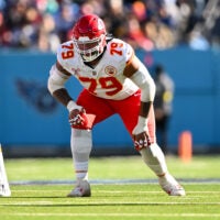 Dec 21, 2025; Nashville, Tennessee, USA; Kansas City Chiefs offensive lineman Esa Pole (79) in stance against the Tennessee Titans during the first half at Nissan Stadium.
