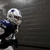 Dec 25, 2025; Landover, Maryland, USA; Dallas Cowboys defensive end Jadeveon Clowney (42) runs onto the field prior to the game against the Washington Commanders at Northwest Stadium.