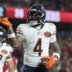 Dec 28, 2025; Santa Clara, California, USA; Chicago Bears running back D'Andre Swift (4) celebrates after scoring a touchdown against the San Francisco 49ers in the second half at Levi's Stadium.