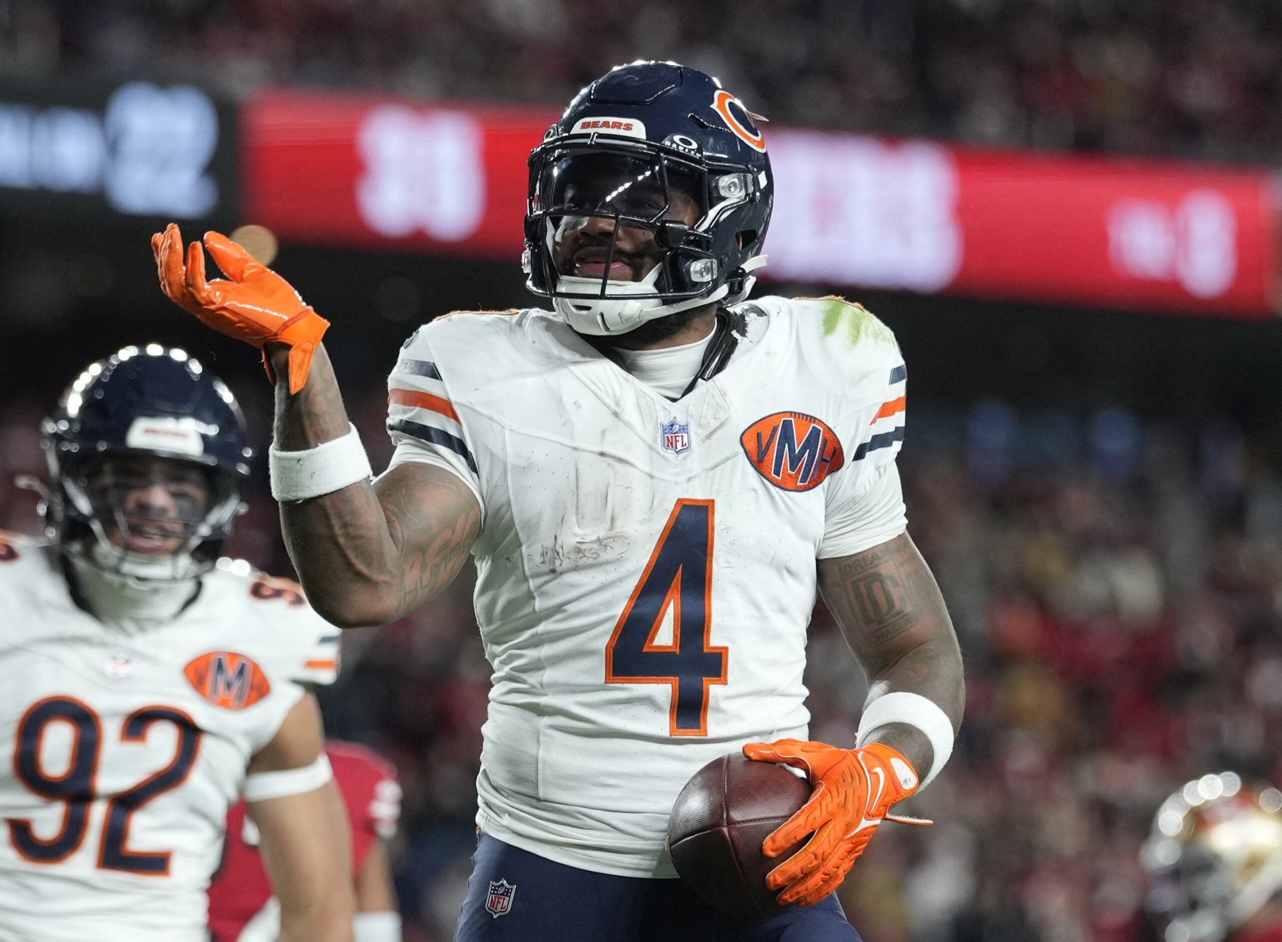 Dec 28, 2025; Santa Clara, California, USA; Chicago Bears running back D'Andre Swift (4) celebrates after scoring a touchdown against the San Francisco 49ers in the second half at Levi's Stadium.