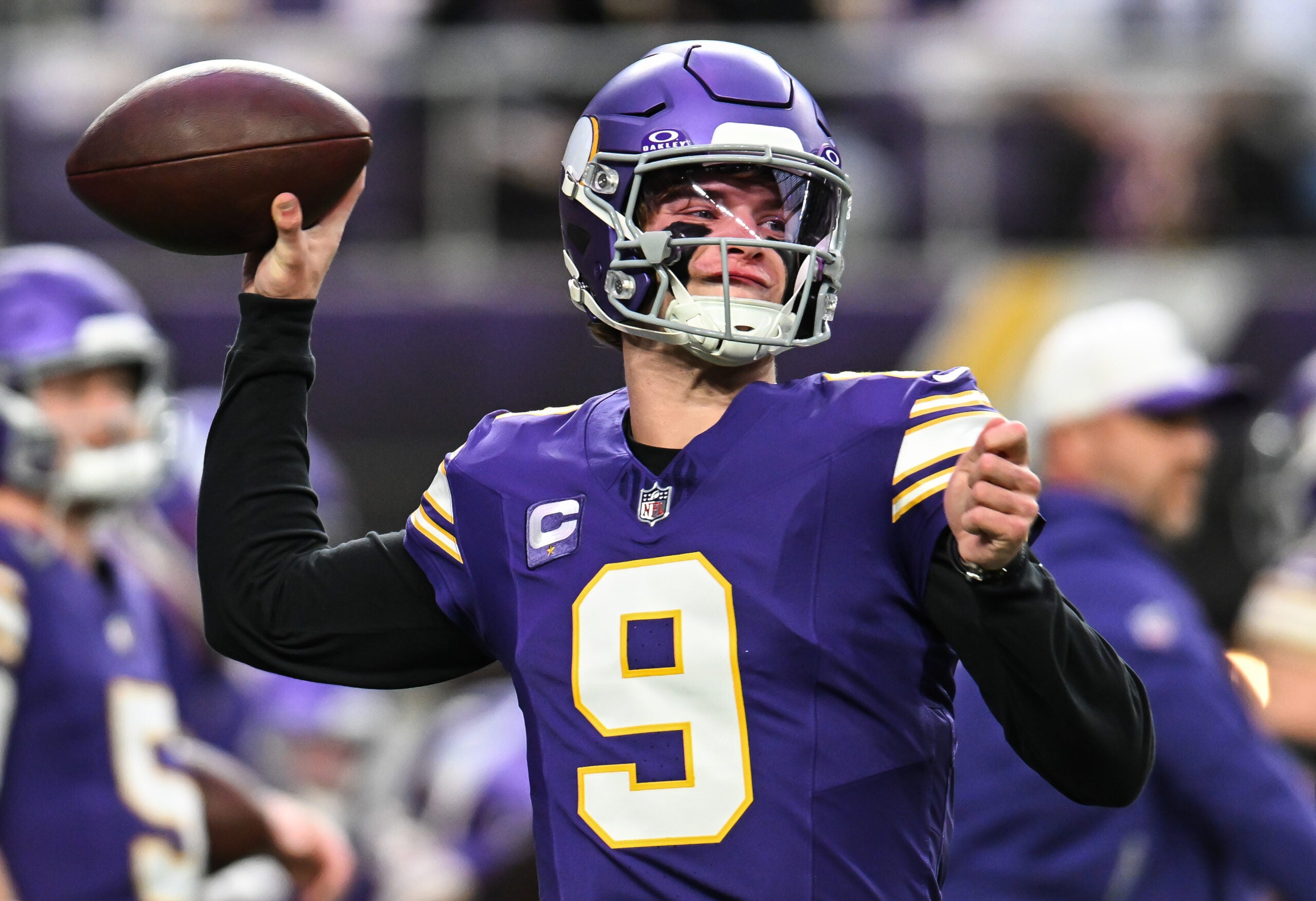 Jan 4, 2026; Minneapolis, Minnesota, USA; Minnesota Vikings quarterback J.J. McCarthy (9) warms up prior to the game against the Green Bay Packers at U.S. Bank Stadium.