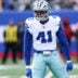 Jan 4, 2026; East Rutherford, New Jersey, USA; Dallas Cowboys defensive end Donovan Ezeiruaku (41) celebrates after a play during the first quarter against the New York Giants at MetLife Stadium.