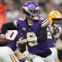 Jan 4, 2026; Minneapolis, Minnesota, USA; Minnesota Vikings quarterback J.J. McCarthy (9) throws a pass against the Green Bay Packers during the second quarter at U.S. Bank Stadium.