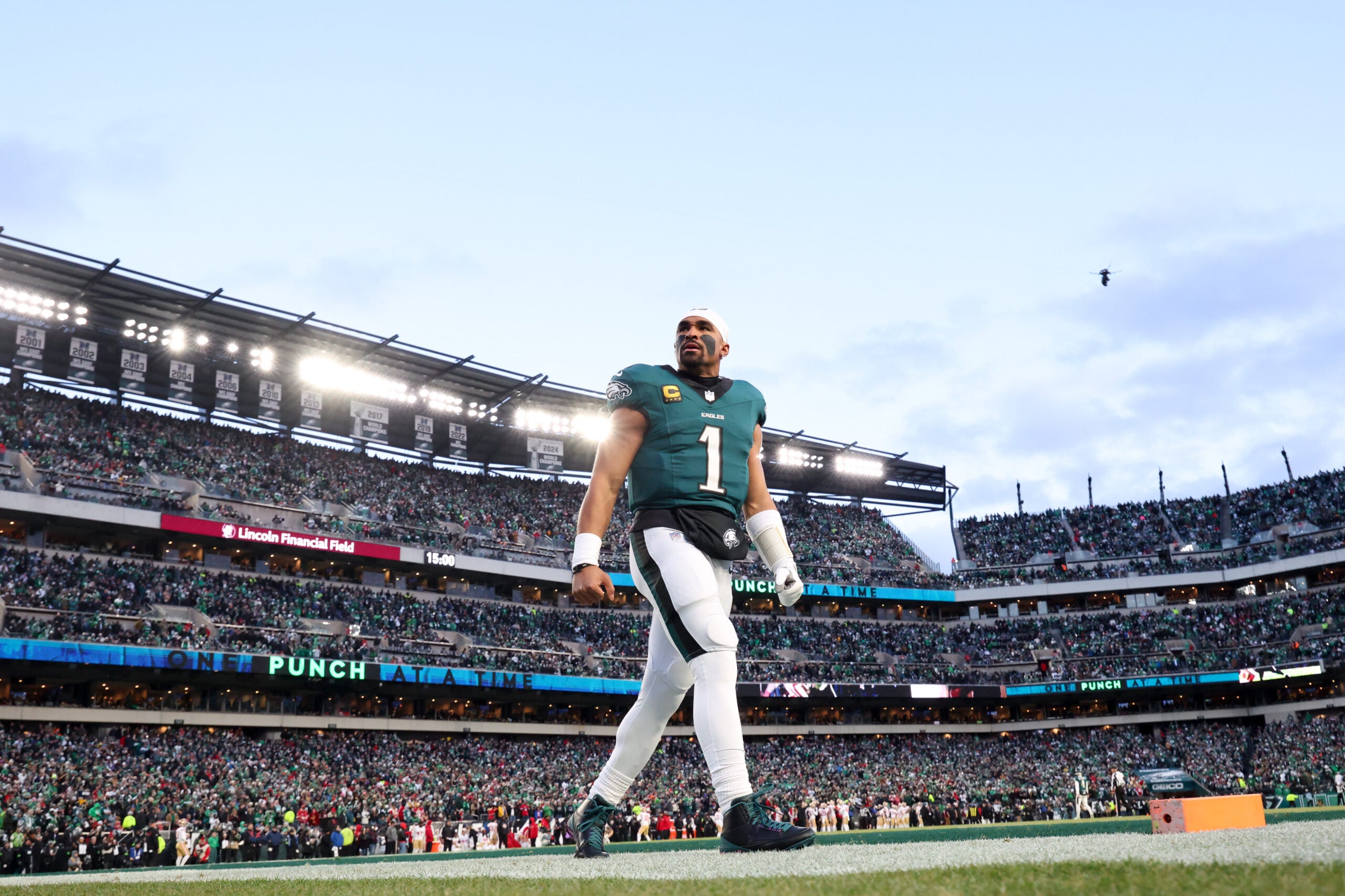 Jan 11, 2026; Philadelphia, PA, USA; Philadelphia Eagles quarterback Jalen Hurts (1) looks on prior to an NFC Wild Card Round game against the San Francisco 49ers at Lincoln Financial Field.