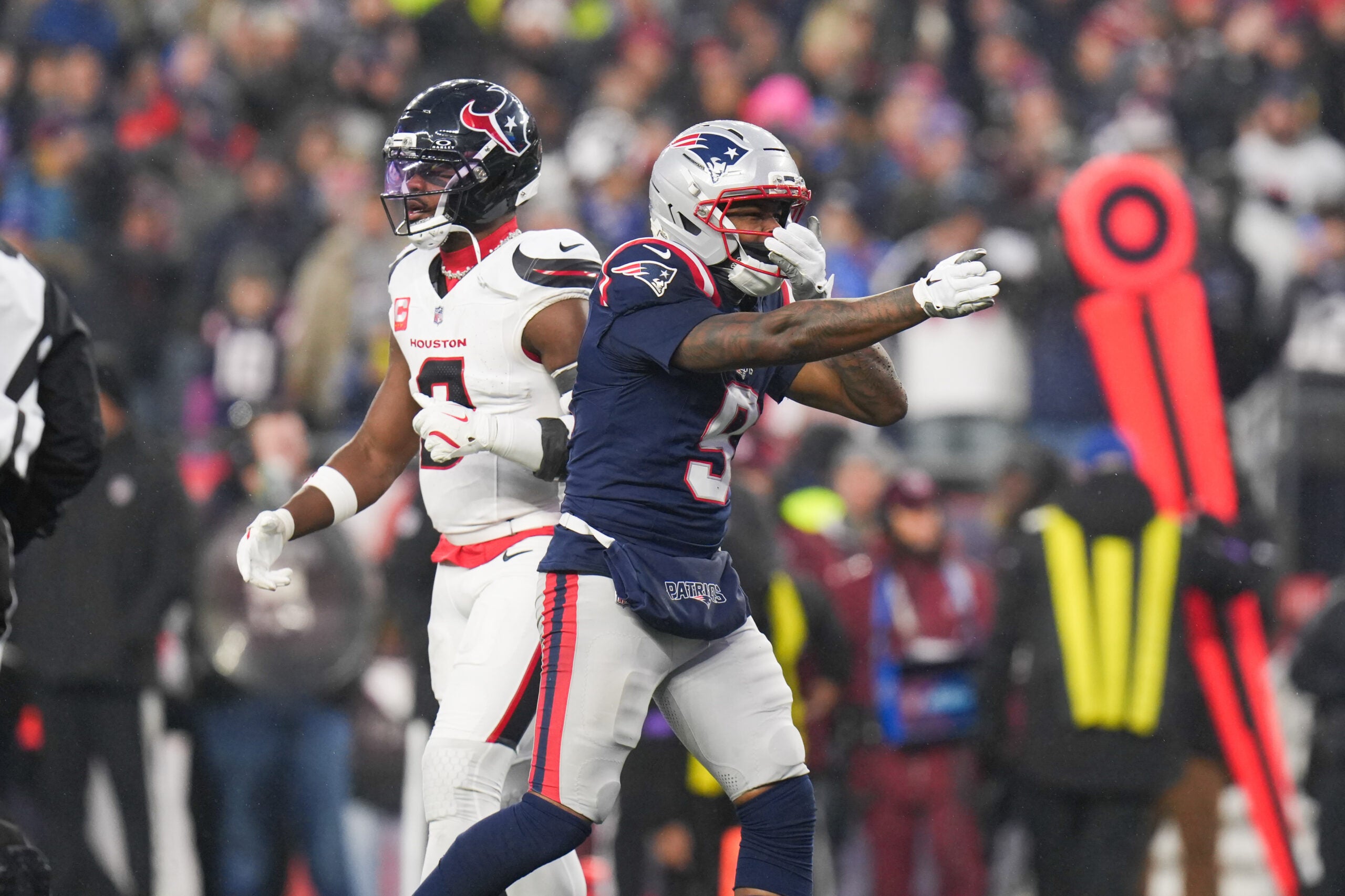 Jan 18, 2026; Foxborough, MA, USA; New England Patriots wide receiver Kayshon Boutte (9) reacts after a play in the second quarter against the Houston Texans in an AFC Divisional Round game at Gillette Stadium.
