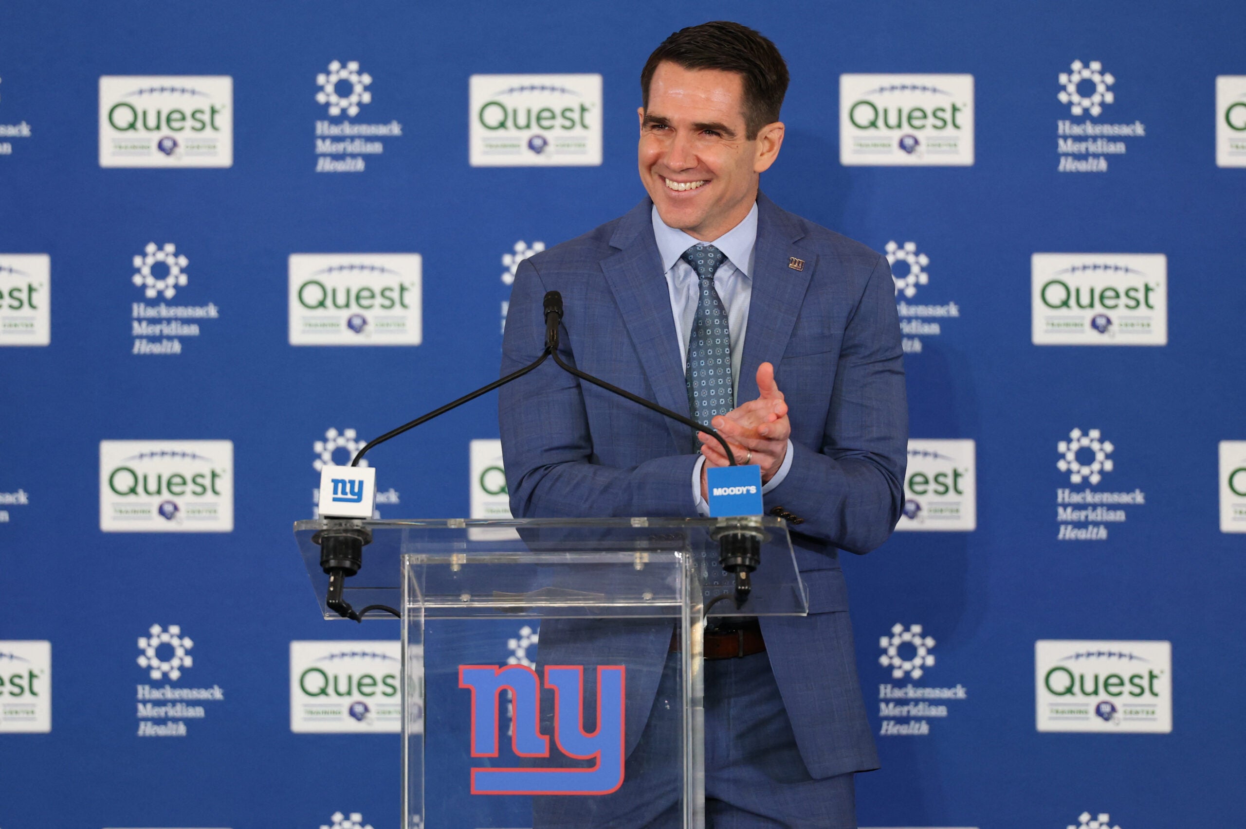 Jan 20, 2026; East Rutherford, NJ, USA; New York Giants general manager Joe Schoen introduces John Harbaugh (not pictured) as the next New York Giants head coach at Quest Diagnostics Training Center.