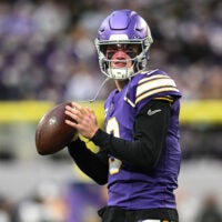 Jan 4, 2026; Minneapolis, Minnesota, USA; Minnesota Vikings quarterback J.J. McCarthy (9) warms up before the game against the Green Bay Packers at U.S. Bank Stadium.
